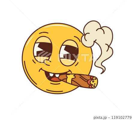 Cartoon retro groovy smoking smile face. Isolated vector relaxed character enjoying marihuana or nicotine. Hippie yellow face expression, smoking a cigarette with smoke swirling around the face 119102779