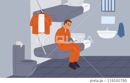 Man in prisoners cell. Serving time for crime. Violation of law. Guy in orange uniform reading book or bible. Jail interior. Convicted lawbreaker sitting on bed. Garish vector concept 119102780