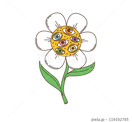 Cartoon retro groovy daisy flower hippie character. Isolated vector psychedelic, trippy chamomile blossom personage with multiple eyes, green leaves and white petals exudes laid-back summer vibes 119102785