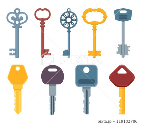 Old and modern keys. Metal door unlocking elements. Different carving types. Simple or vintage shapes. House protection passkeys. Safety locks objects. Vector isolated latchkeys set 119102786