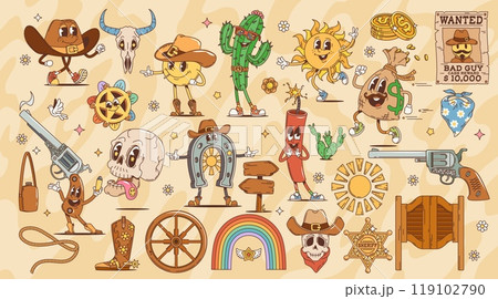 Cartoon Wild West retro groovy characters, western cowboy, sheriff and robber, vector funny personages. 70s hippie art and funky groovy characters, skull, Texas saloon and cowboy gun with dynamite 119102790