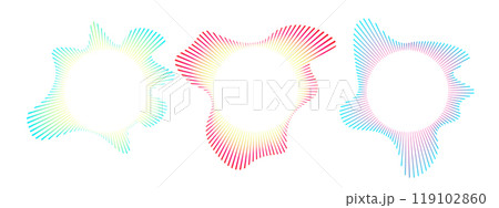 Set of multicolored neon sound waves. Sound lines, radial spectrum, sound equalizers. Circular geometric wavy frame. Vector radial spectrum. Multicolored audio lines clipart. Set of multicolored neon sound waves. Sound lines, radial spectrum, sound equalizers. Circular geometric wavy frame. Vector radial spectrum. Multicolored audio lines clipart. 119102860