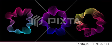 A set of multicolored neon sound waves. Sound lines, radial spectrum, sound equalizers. Colorful equalizer background. Circular geometric wavy frame. Vector radial spectrum. 119102874