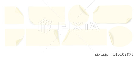 Set of beige paper labels in various geometric shapes with curved corners. Blank adhesive paper or plastic stickers. Vector reminders 119102879