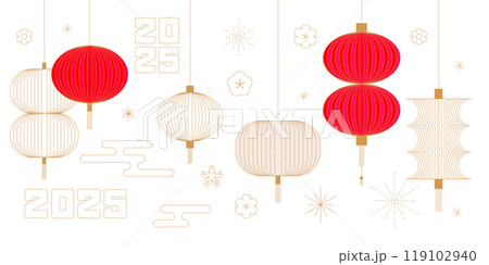 Chinese lanterns set. Japanese Asian new year red lamp. Linear vector illustration. Chinese lanterns set. Japanese Asian new year red lamp. Linear vector illustration. 119102940