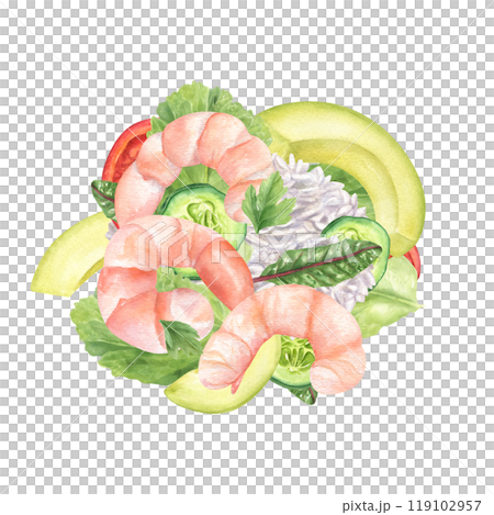 Steamed peeled pink tiger shrimps, boiled rice, avocado, and fresh vegetables watercolor food illustration. Slices of tomato, and cucumber surrounded salad leaves. Care food top view Steamed peeled pink tiger shrimps, boiled rice, avocado, and fresh vegetables watercolor food illustration. Slices of tomato, and cucumber surrounded salad leaves. Care food top view 119102957