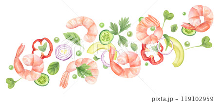 Falling pink tiger shrimp salad ingredients watercolor food illustration. Boiled prawns, onion rings, cucumber slices, greens, sweet pepper pieces and green peas, avocado flying from left to right 119102959