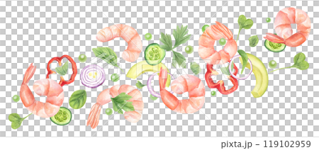 Falling pink tiger shrimp salad ingredients watercolor food illustration. Boiled prawns, onion rings, cucumber slices, greens, sweet pepper pieces and green peas, avocado flying from left to right Falling pink tiger shrimp salad ingredients watercolor food illustration. Boiled prawns, onion rings, cucumber slices, greens, sweet pepper pieces and green peas, avocado flying from left to right 119102959