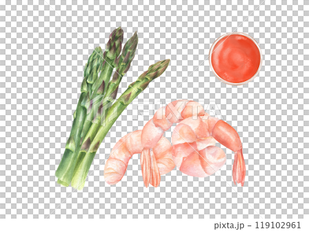 Asparagus bunch, boiled peeled shrimp with tomato sauce in bowl watercolor illustration. Heathy dish with green vegetables, seafood, ketchup portion top view. For menu design, recipe decor 119102961