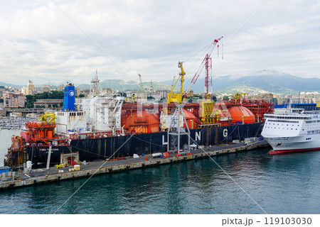 Genoa, Italy- May 27, 2024: LNG tanker FSRU Toscana Livorno, IMO 9253284, moored at Genoa port 119103030