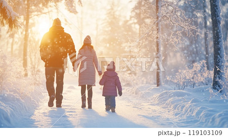 Family Enjoying a Peaceful Winter Walk in Eco-Friendly Clothing at Sunset 119103109