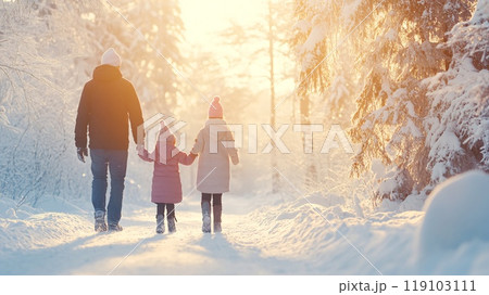 Family Enjoying a Winter Walk in Snowy Forest, Eco-Friendly Outfits Celebrated 119103111