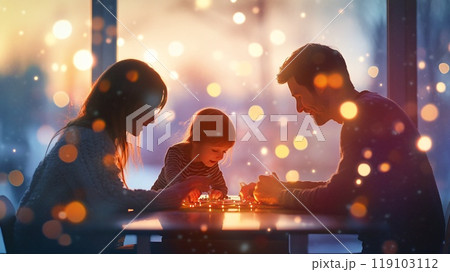 Heartwarming Family Evening at Home with Large Window and Soft Lights 119103112