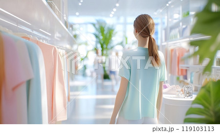 Fashionable Shop Owner Arranging a Stylish Display in Bright Store Setting 119103113