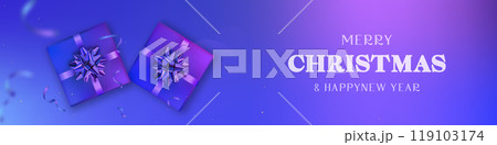 Purple Christmas banner with gifts and greetings. Purple Christmas banner with gifts and greetings. 119103174