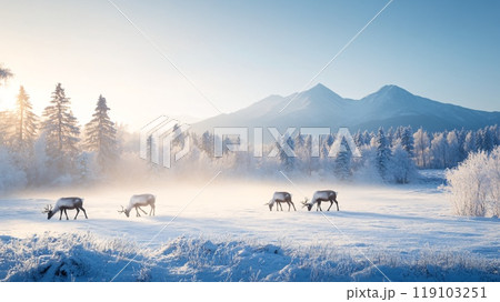 Reindeer Grazing Peacefully in a Winter Wonderland with Snowy Mountains 119103251