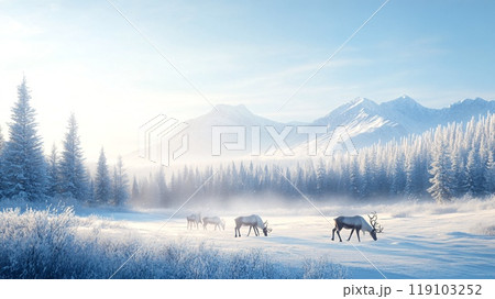 Reindeer Group Grazing in Scenic Snowy Field with Majestic Mountain Backdrop 119103252