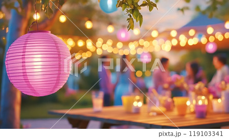 A Vibrant Evening Garden Party with Multicultural Friends Enjoying Festive Atmosphere 119103341