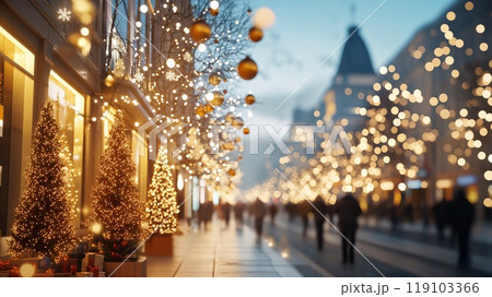 Holiday Shoppers Strolling Through Festive Urban Street with Christmas Lights 119103366