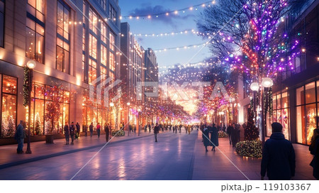 Festive City Street Illuminated with Vibrant Holiday Lights and Decorations 119103367