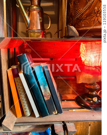 Collection of colorful books rests on a wooden shelf next to warm, glowing lamp. Cozy, inviting atmosphere perfect for reading and relaxation 119103558