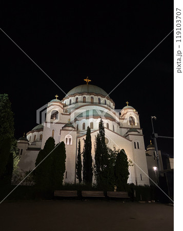 Night view of Saint Sava church, one of the biggest Orthodox Christian churches in the world in Belgrade, capital of Serbia Night view of Saint Sava church, one of the biggest Orthodox Christian churches in the world in Belgrade, capital of Serbia 119103707