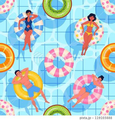 Inflatable rubber rings seamless pattern. Summer vacation, people relax in pool, top view, swimming circles, water toys. Decor textile, wrapping, wallpaper. Print for fabric vector background Inflatable rubber rings seamless pattern. Summer vacation, people relax in pool, top view, swimming circles, water toys. Decor textile, wrapping, wallpaper. Print for fabric vector background 119103888