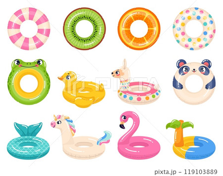 Inflatable rubber rings. Cartoon swimming toys, kids summer pool vacation accessories, children water safety, funny frog, duckling and panda, pink flamingo, kiwi and orange, vector isolated set Inflatable rubber rings. Cartoon swimming toys, kids summer pool vacation accessories, children water safety, funny frog, duckling and panda, pink flamingo, kiwi and orange, vector isolated set 119103889
