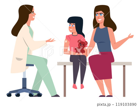 Kids vaccination. Mom and daughter on consultation with female doctor about immunity. Disease protection, vaccine injection in clinic or hospital. Vector cartoon flat isolated illustration Kids vaccination. Mom and daughter on consultation with female doctor about immunity. Disease protection, vaccine injection in clinic or hospital. Vector cartoon flat isolated illustration 119103890