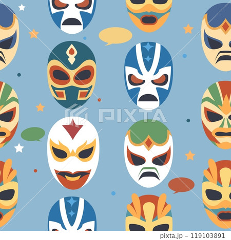 Luchador seamless pattern. Colored traditional masks, mexican fighting show, wrestler costume, lucha libre. Decor textile, wrapping, wallpaper design. Print for fabric vector background 119103891