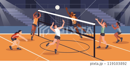 Volleyball competitions. Sports teams, professional athletes hit ball through net, players characters, dynamic poses, indoor championship cartoon flat isolated illustration, tidy vector concept 119103892