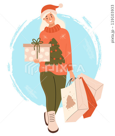 Christmas Shopping, sale. Happy blonde girl in Santa hat in Xmas sweater with New year packages and gift box. Vector illustration. Holiday shopper character 119103933