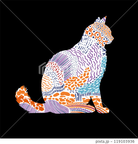 A colorful portrait of a pet cat made up of simple geometric patchwork shapes. 119103936