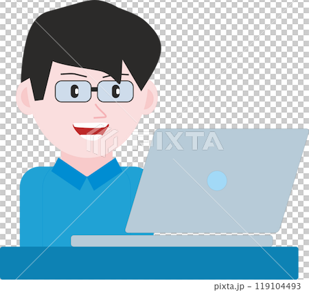 illustration of a young man with glasses while working or studying on a laptop computer illustration of a young man with glasses while working or studying on a laptop computer 119104493
