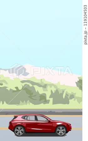 Vertical illustration of a red car traveling on a road with a mountain landscape as a background Vertical illustration of a red car traveling on a road with a mountain landscape as a background 119104503