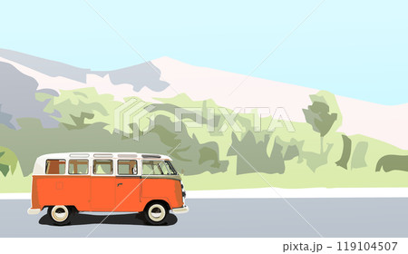 Horizontal llustration of a 60's style minivan traveling on a road with a mountain landscape as a backdrop 119104507