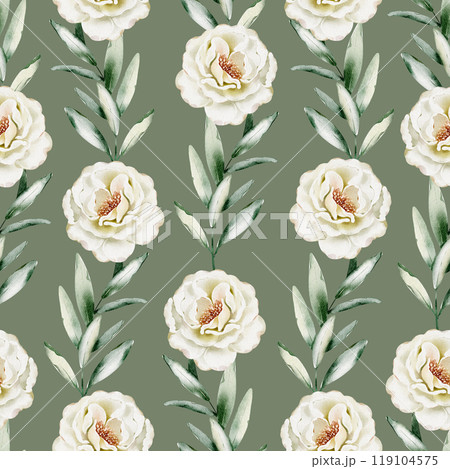 White Roses watercolor Seamless Wallpaper. Hand drawn delicate ornament with Pastel Flowers on green background. Floral backdrop wrapping paper, pattern. Botanical print for textile in wedding style. 119104575