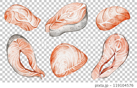 Steaks Salmon Watercolor clipart marine food on isolated background. Hand drawn illustrations seafood, fish, tuna for design, cards, print, menu. Mediterranean diet. Variety elements exotic seafood. Steaks Salmon Watercolor clipart marine food on isolated background. Hand drawn illustrations seafood, fish, tuna for design, cards, print, menu. Mediterranean diet. Variety elements exotic seafood. 119104576