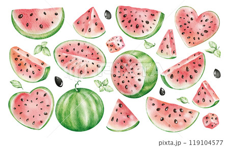 Watercolor set illustrations sliced Watermelon, mint leaves clip art isolated background. Hand drawn of bright pieces and slices melon of popsicles, cupcake, skewer for design, cards, print, menu. Watercolor set illustrations sliced Watermelon, mint leaves clip art isolated background. Hand drawn of bright pieces and slices melon of popsicles, cupcake, skewer for design, cards, print, menu. 119104577