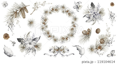 Watercolor set Christmas decorations. Xmas clipart. New Year illustration. Pine fir branches, Holly berry, bird, Berry Wreath, Floral bouquet on an isolated background. Holiday decor for print, card. 119104614