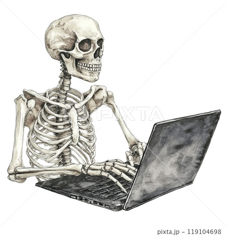 Skeleton at Desk Typing Away on Laptop 119104698