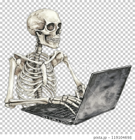 Skeleton at Desk Typing Away on Laptop 119104698