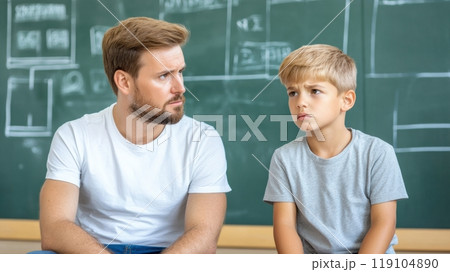 Father and Son in Thoughtful Classroom Discussion, AI 119104890