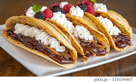 Chocolate Dessert Tacos with Berries and Whipped Cream, AI 119104907