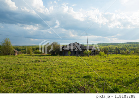 an old abandoned village with ruined houses 119105299