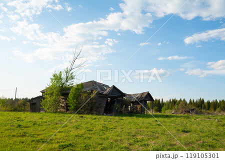 an old abandoned village with ruined houses an old abandoned village with ruined houses 119105301