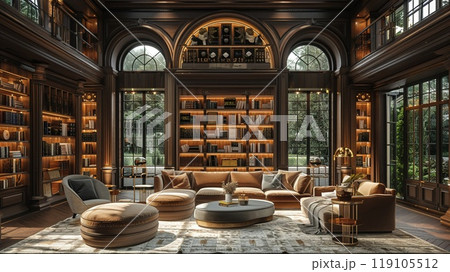 A VR interior of a high-end home library. 119105512