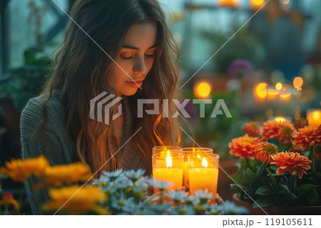 Woman lighting candles around a decorative arrangement 119105611