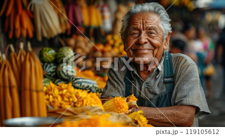 A street vendor selling tamales at a local market 119105612