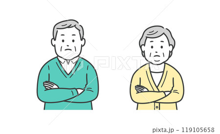 腕を組んで考える太った高齢者男女の上半身イラスト 腕を組んで考える太った高齢者男女の上半身イラスト 119105658